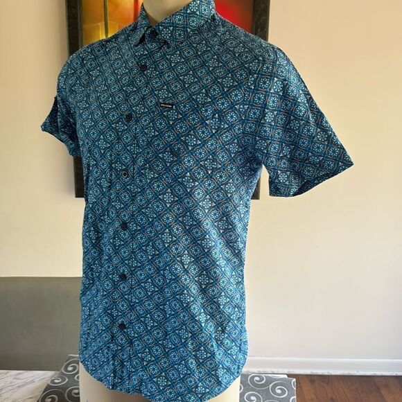 Volcom Warbler blue print 100% cotton short sleeve button front shirt. Small. - Picture 2 of 9